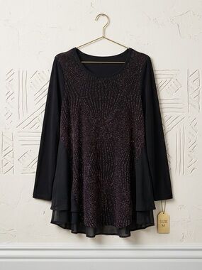 Red Coral Black Long-Sleeve Sparkle Layered Tunic